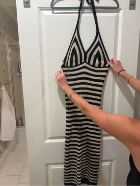 Motivi Black and Cream Striped Halter Midi Dress